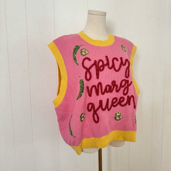 Queen of Sparkles Spicy Margarita Jalapeño Sequin Sweater Vest L NWOT - Picture 5 of 12